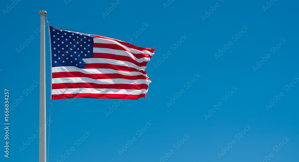 Fototapeta premium The American flag waves proudly against a vibrant, cloudless, bright blue sky.