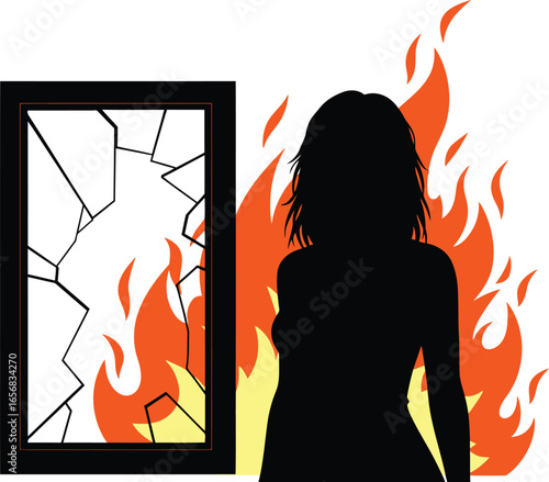 Silhouette of a Woman Trapped in a Burning Room with Broken Window on transparent background