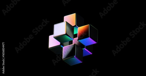 Abstract iridescent cube with light effect on the dark backdrop. This design is a combination of art and technology, perfect for digital design and modern projects