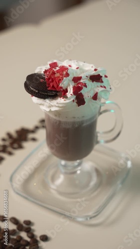 A sumptuous chocolate drink adorned with creamy whipped topping and vibrant sprinkles, elegantly presented next to a scattering of coffee beans for an inviting ambiance, fa01