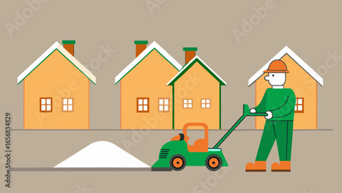 A male worker operating a snowblower, focused mood, clearing snow in residential area, colorful setting