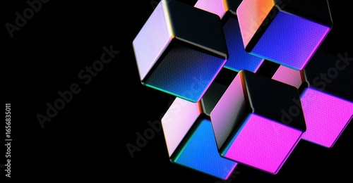 Fotografie Abstract geometric cubes floating on a black background, showcasing a blend of vibrant colors and modern design