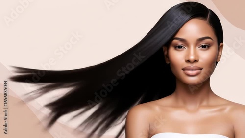 African american woman with long, straight black hair. Perfect hairstyle for beauty, cosmetic product and hair care commercial footage.