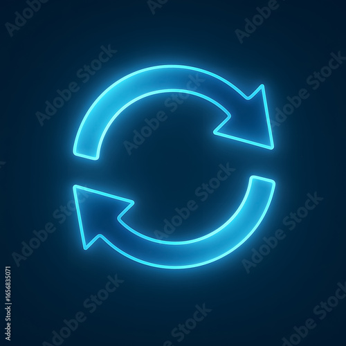 A glowing neon refresh arrow symbolizing synchronization and updates. Used in digital systems, software applications, and user interface design.