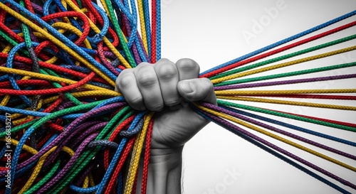 Clenched Fist Grasping Colorful Ropes: A monochrome fist grips a tangle of vibrant ropes, symbolizing the challenges of order amid chaos, control over complexity, and strength against difficulty.