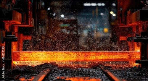 Molten steel bar emerging from processing