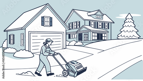 A female worker using a snowblower, focused mood, clearing driveway in front of a house, winter setting