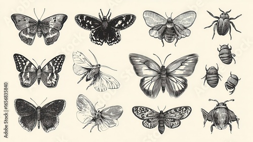 Detailed illustrations of various insects.