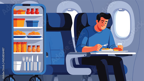 Airplane Passenger Enjoying Meal Service Vector Illustration