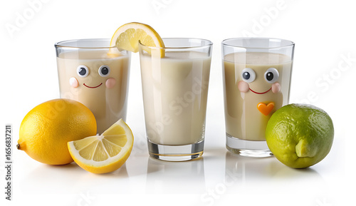 Wallpaper Mural lemonade glasses decorated with cartoon-style faces and fresh lemon and lime. Perfect for children’s party menus, summer ads, playful branding, and humorous lifestyle visuals Torontodigital.ca