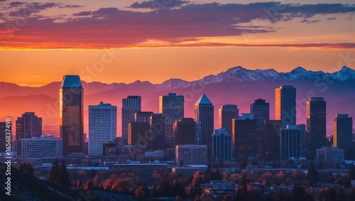Salt Lake City Utah Skyline at Sunset with Wasatch Mountains in the Background
