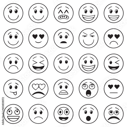 Collection of twenty five hand drawn black and white outline smiley face emojis expressing a wide range of emotions and feelings
