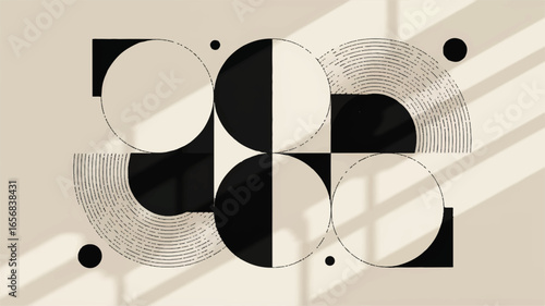 Abstract Geometric Composition with Circles and Squares in Black, White, and Beige with Soft Shadows - Modern Graphic Art
