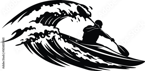 Kayaker riding a wave silhouette on transparent background Black and white vector illustration of extreme water sport activity