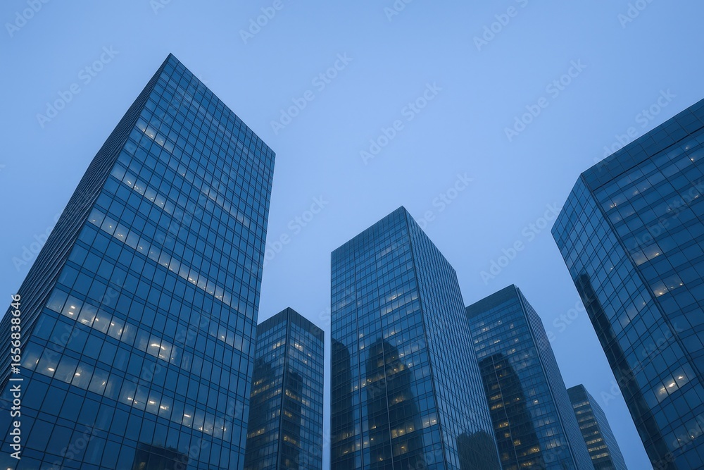 Modern Office Buildings at Dusk: Contemporary Architecture and Urban Skyline with Glass Facades Modern Office Buildings at Dusk: Contemporary Architecture and Urban Skyline with Glass Facades