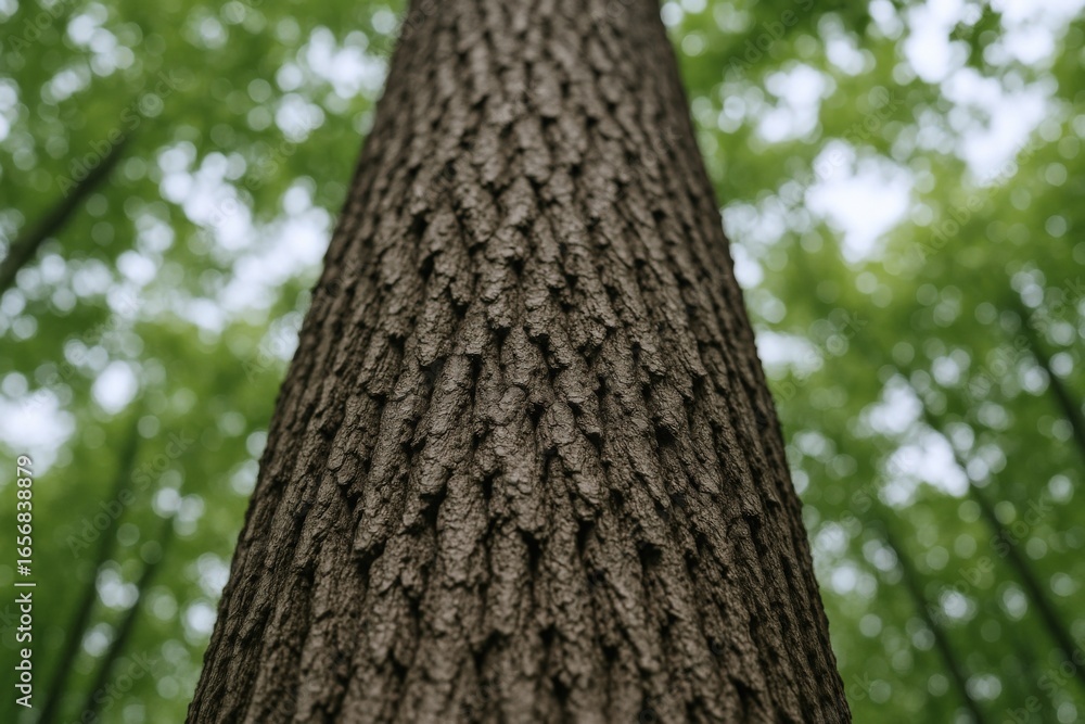 Fototapeta premium Detailed Tree Trunk Texture with Green Canopy, Illustrating Strength, Growth, and Natural Beauty from Below