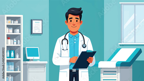 Smiling male healthcare professional in a clean medical office, embodying expertise and compassionate patient care in a vector illustration.