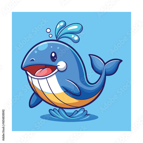 Happy cartoon whale spouting water with blue background Keywords: whale, marine life, ocean, sea