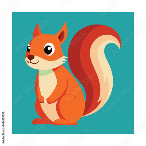 Cute cartoon squirrel with bushy tail and teal background Keywords: squirrel, animal, rodent