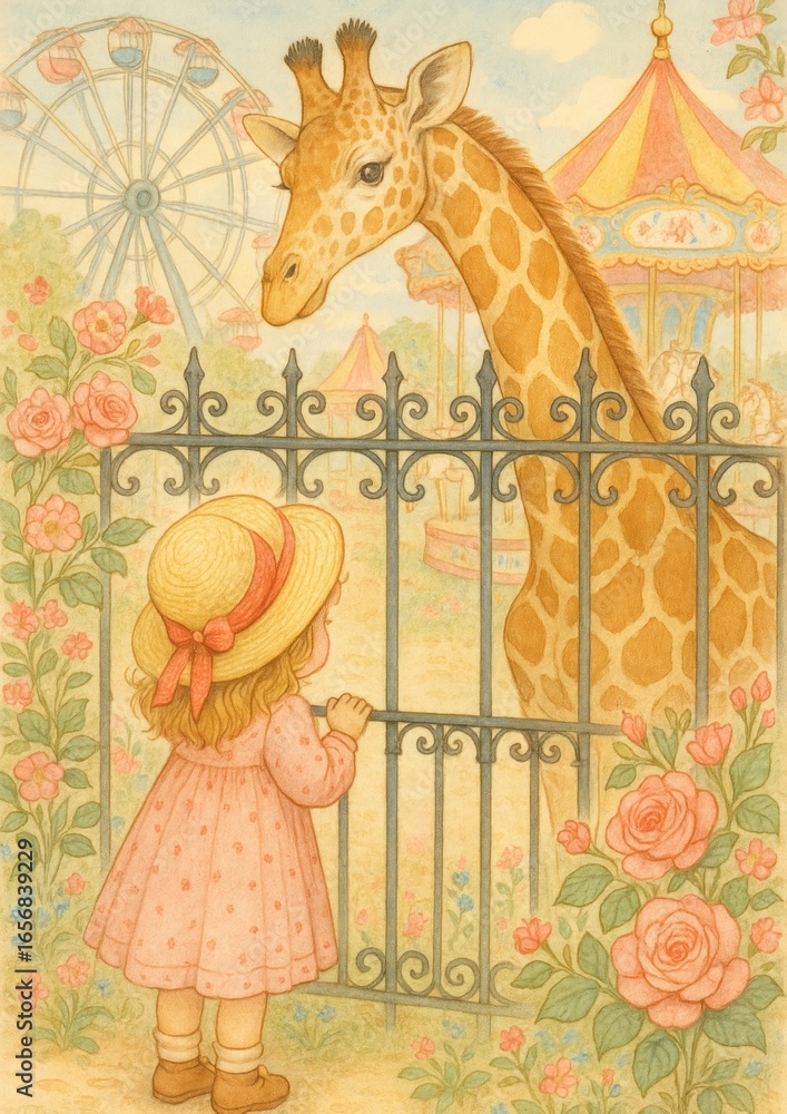 Obraz premium Whimsical child meets giraffe.