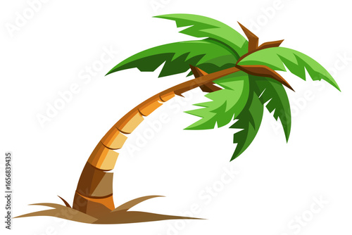 Vibrant green palm tree with curved trunk and lush leaves evokes tropical paradise and summer vacation dreams, perfect for travel advertising and beach themes.