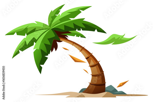 Vibrant stylized palm tree swaying with green leaves on sandy shore with amber accents evokes tropical paradise and summer vibes for your next project.