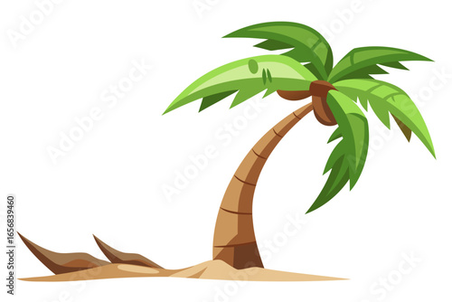 Vibrant cartoon palm tree with coconuts stands tall on sandy beach, perfect for tropical vacation promotions, summer designs, and island escape themes