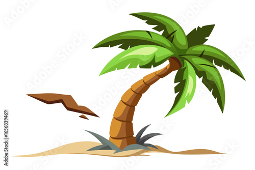 Vibrant palm tree thrives on sandy island with lush green leaves and tropical foliage, evoking a sense of paradise and vacation relaxation.
