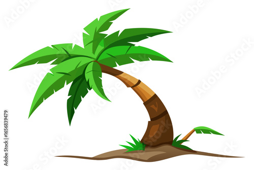 Vibrant green palm tree with lush fronds arches gracefully over sandy soil, evoking tropical paradise and serene island vibes for your summer vacation or travel projects.