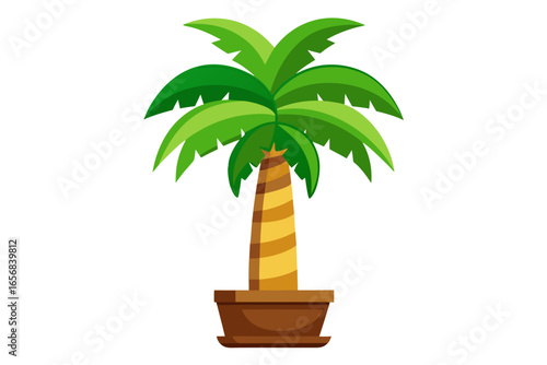 Vibrant green palm tree in a brown pot, perfect for tropical themes, summer designs, and vacation visuals, bringing a touch of paradise to any project.