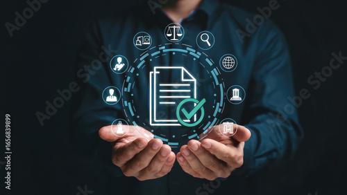 Businessman holding document icons, legal compliance, business success, and agreement concept