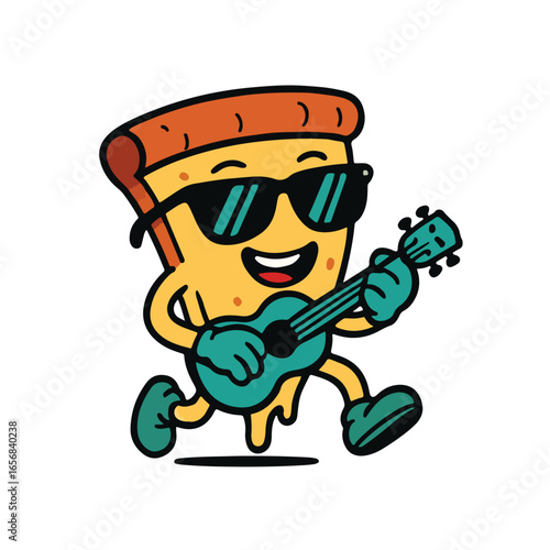 3D Funny Pizza Slice – A big smiling pizza slice wearing sunglasses, holding a small guitar, standing in a funny pose, high quality, white background.