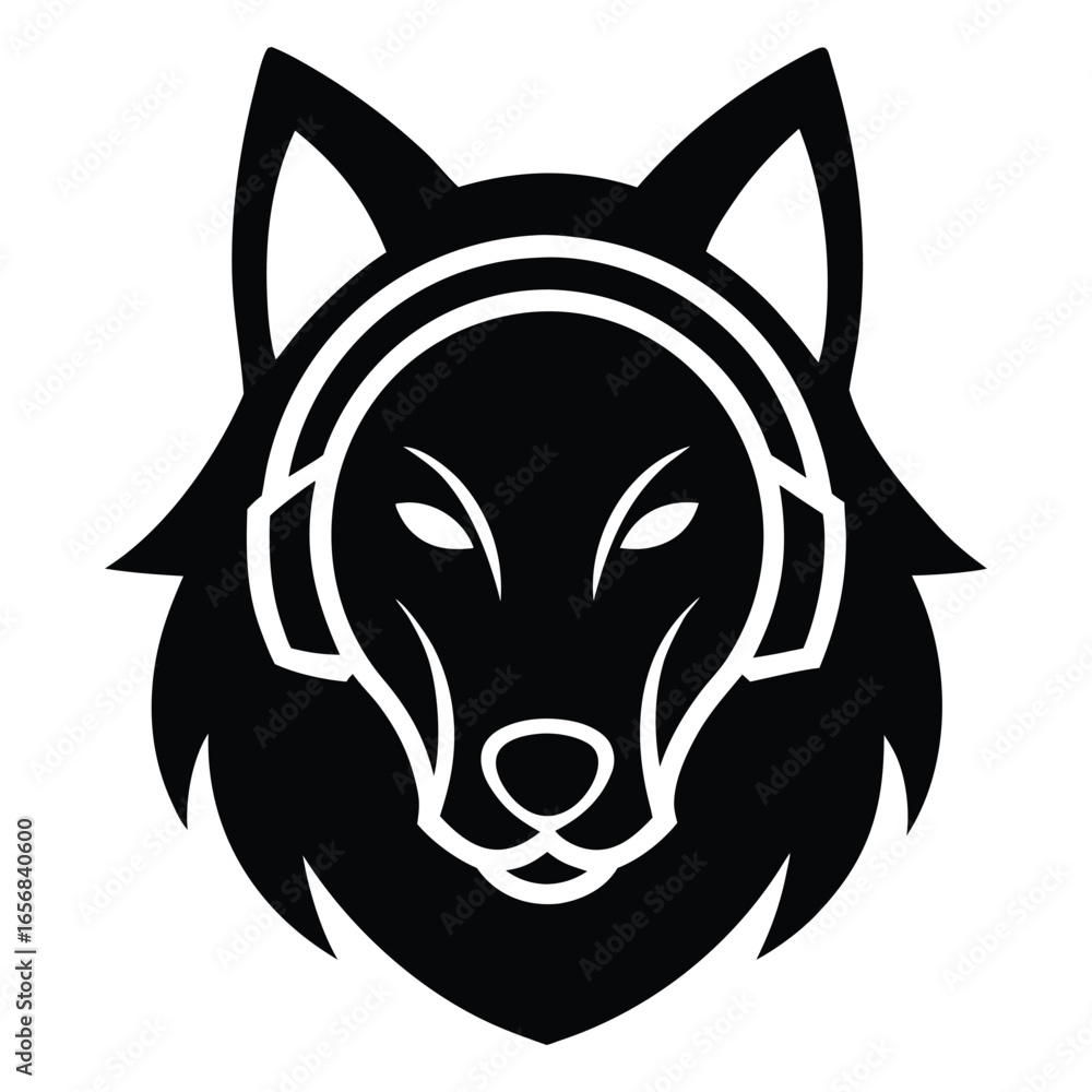 Obraz premium Black wolf head with white outline wearing headphones graphic animal illustration