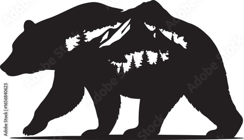 Walking Bear Silhouette with Forest and Mountain Landscape – Double Exposure Vector Illustration