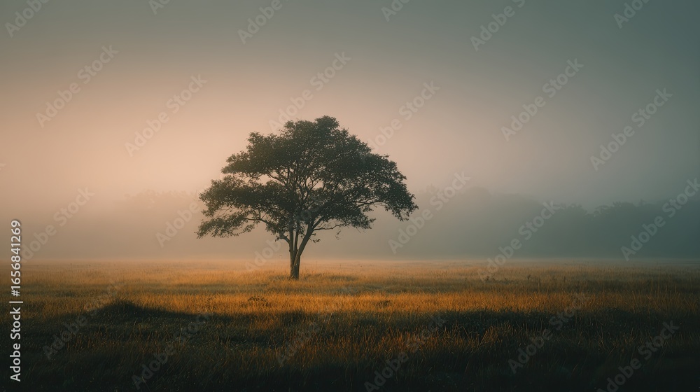 Obraz premium A solitary tree standing in a vast foggy meadow at dawn, soft golden light breaking through mist, capturing peaceful isolation and inner calm, photorealistic, muted colors