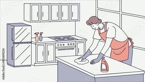 A female cleaner wiping kitchen countertop, focused mood, maintaining cleanliness in bright indoor kitchen