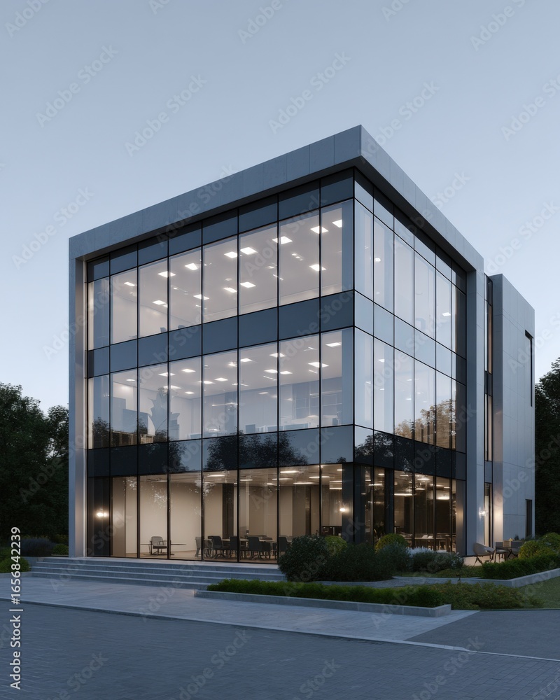 Fototapeta premium Modern Office Building Exterior with Glass Facade at Dusk, Showcasing Contemporary Architectural Design