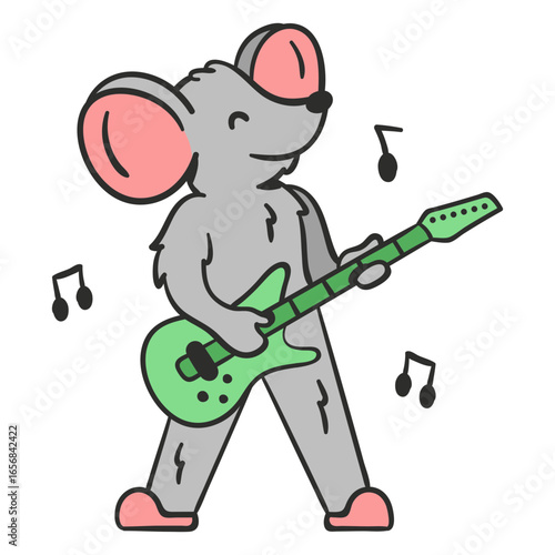 Cute mouse guitar player cartoon color stroke