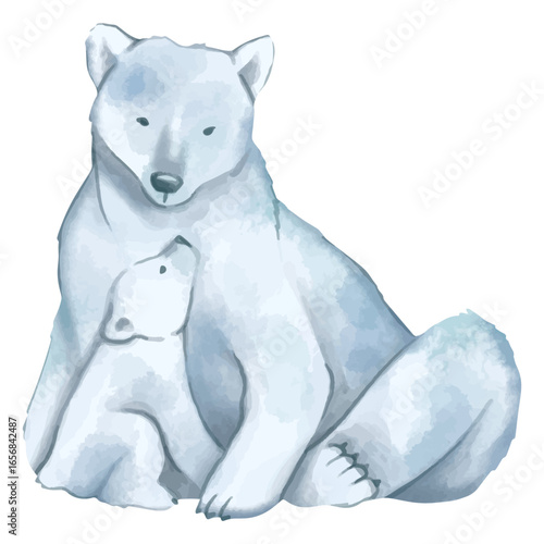 Cute polar bear mother and baby watercolor animals