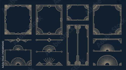 A comprehensive collection of elegant Art Deco geometric frames, ornate borders, and decorative design elements for vintage-inspired projects and luxurious aesthetics.
