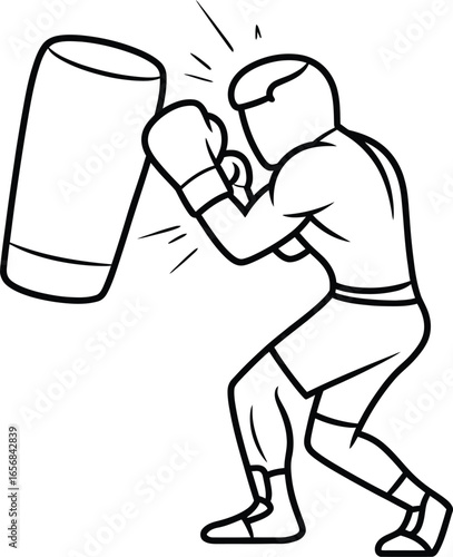 A black and white line art illustration of a boxer in action, striking a heavy bag.