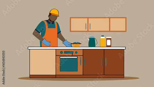A male chef preparing food in kitchen, focused mood, working at countertop in modern setting