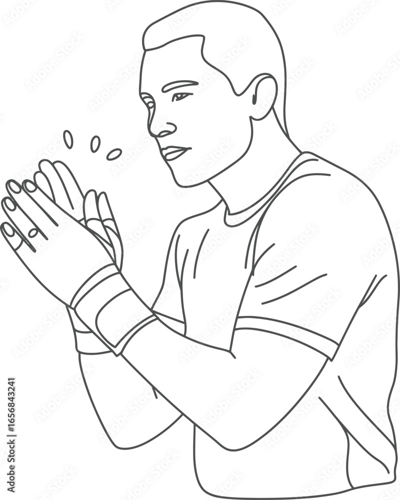 Fototapeta premium A simple, elegant line drawing depicts a young man clapping with enthusiasm.