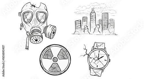 Sketch illustrations of gas mask, radiation symbol, and broken watch  