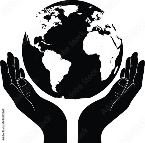Illustration of hands holding the earth, symbolizing environmental care, global support, and climate change awareness
