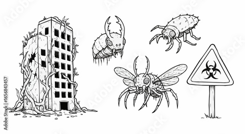 Abandoned building overgrown with vines and various insects illustrated  