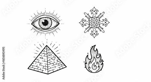 Symbols of wisdom, nature, and elements in minimalist design  