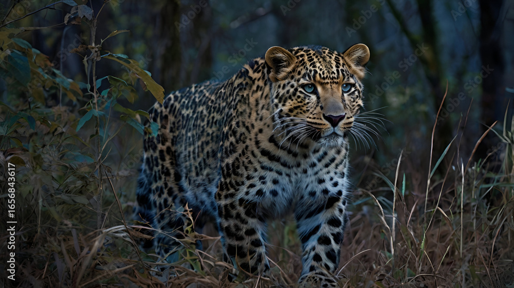 Fototapeta premium In the fading light of dusk, an Amur Leopard emerges from dense brush
