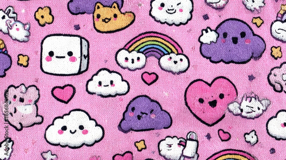 Fototapeta premium Cute Kawaii Pattern on Pink