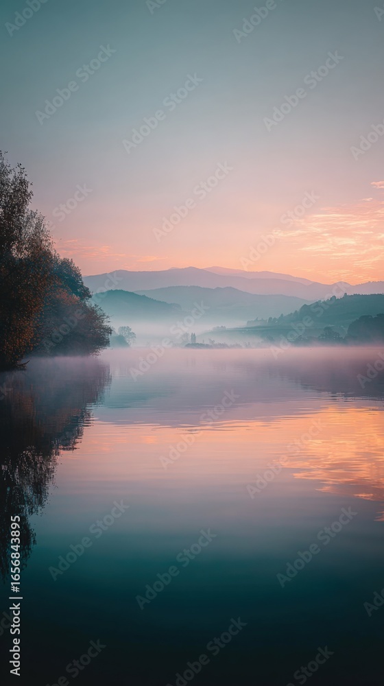 Fototapeta premium Serene Lake Landscape at Sunrise with Fog, Mountains, and Vibrant Sky Reflections Vertical